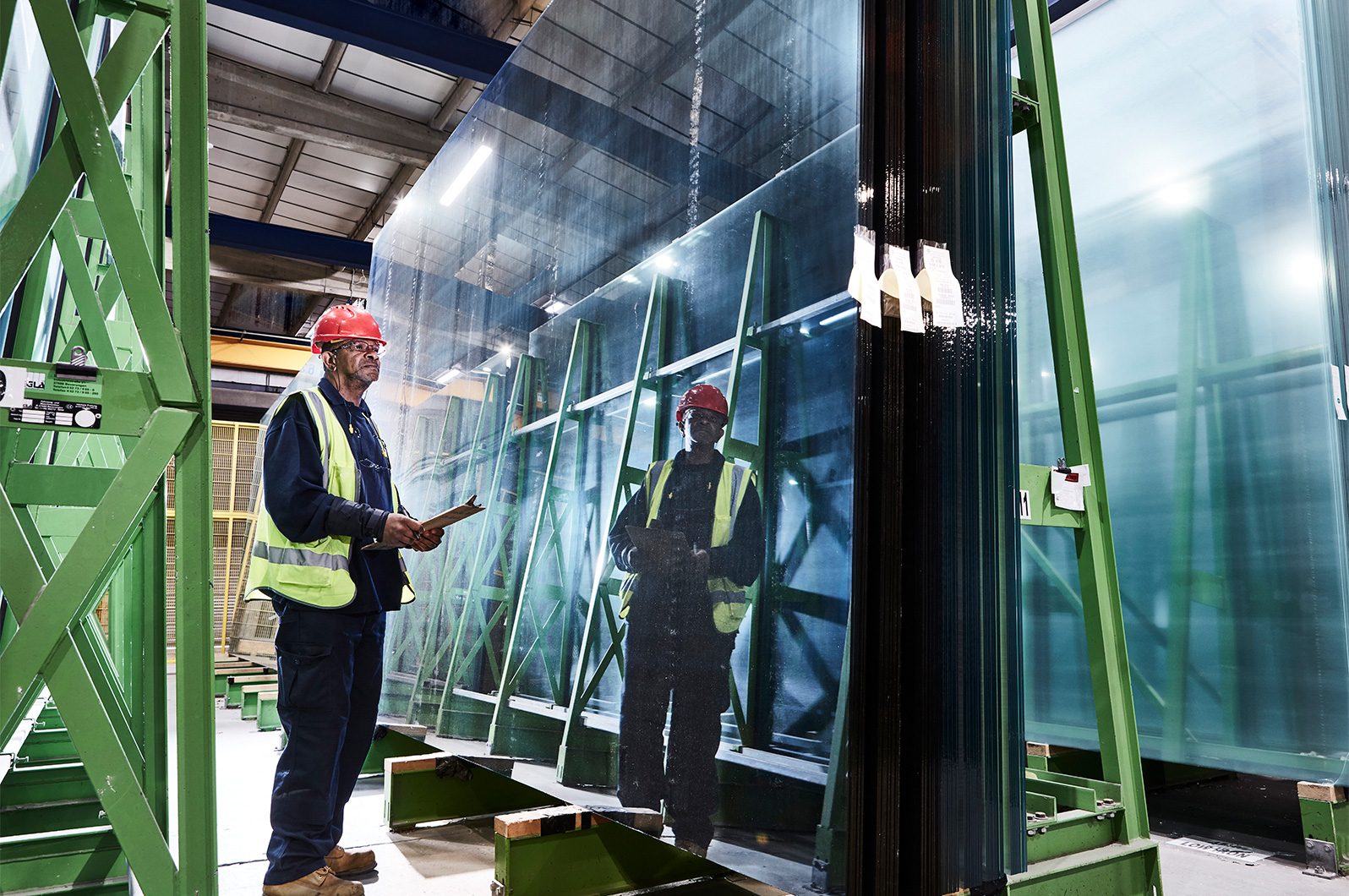 One of a series of images shot in the factory to visually portray the scale of the glass sheets.